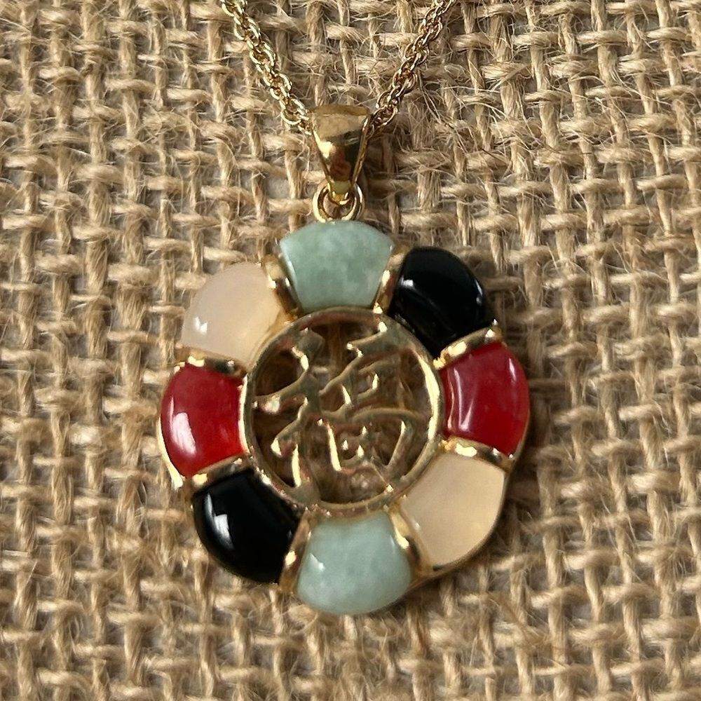 Vintage Gold-tone Necklace w/Onyx, Carnelian, Jade Stones & Blessing Character.